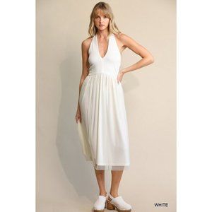 Gigio White Halter Midi Dress with Tulle Skirt